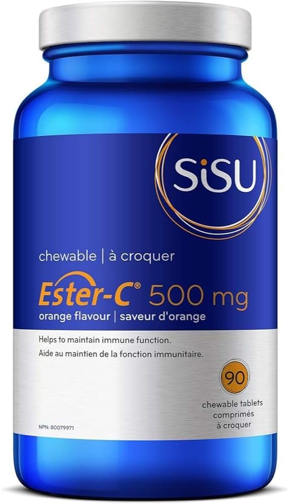 Sisu Ester-C 500毫克咀嚼片,橙味,天然甜味維生素C,24小時免疫支持,酸性較低,比其他形式的維生素C更易吸收和保留,無麩質,純素