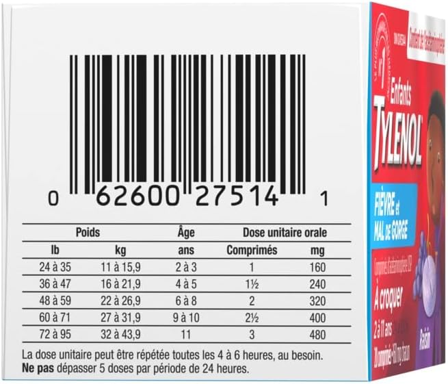 泰諾兒童退燒和咽喉痛咀嚼片,緩解發燒和咽喉痛,20片,葡萄味,適用於6-11歲兒童