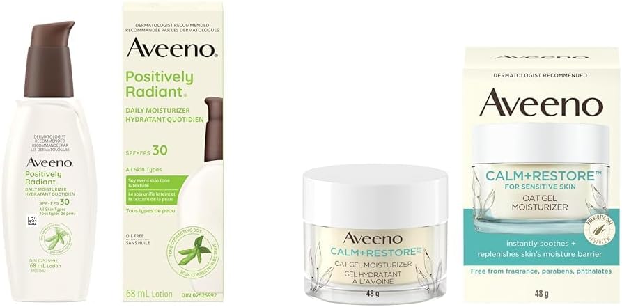 Aveeno Positively Radiant 每日保湿霜 SPF30,68 毫升(包装可能有所不同)和舒缓修复燕麦凝胶面部保湿霜(适合敏感肌肤)
