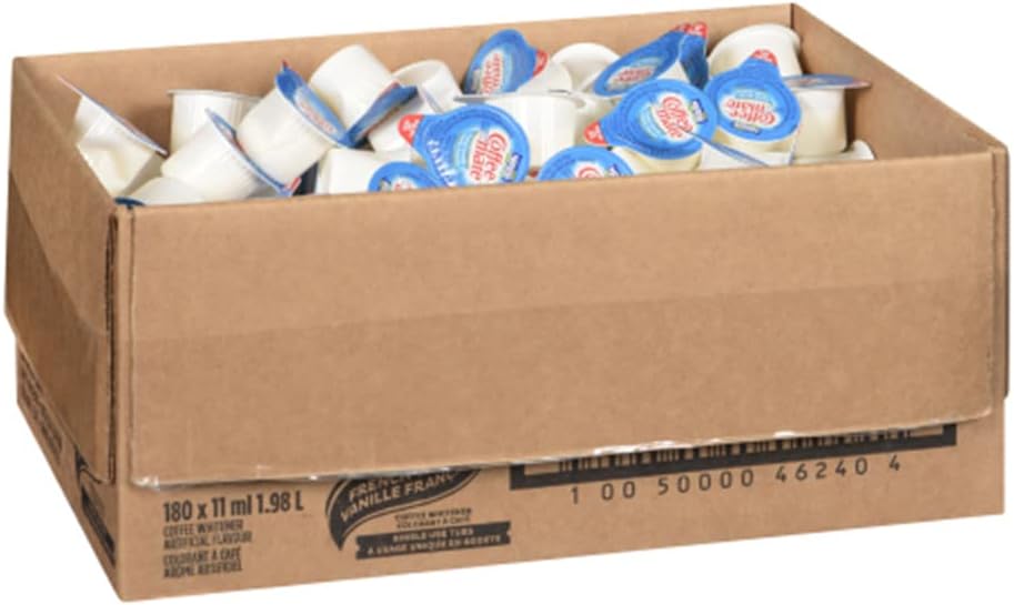 Coffee Mate 咖啡增白剂,原味液体单支装,11 毫升(180 支装)和液体咖啡奶精,不含乳糖,法国香草味,单份装,无需冷藏,180 支装 x 11 毫升