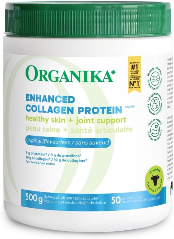 Organika 加拿大制造强化胶原蛋白粉 - 有益于头发、皮肤、指甲和关节健康。水解蛋白肽,更易吸收 - 草饲,非转基因 - 无味 - 500克