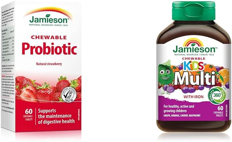 Jamieson 咀嚼益生菌 20 亿活性细胞 - 天然草莓味 & 100% 完整儿童咀嚼复合营养素 60 片