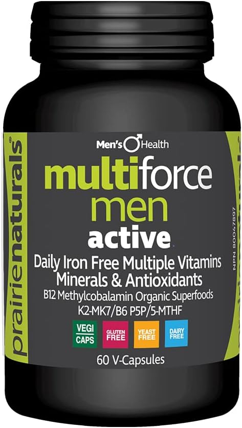 Prairie Naturals Multi-Force Men Active. Iron Free. Comprehensive B complex (Methylcobalamin B12, P5P B6, 5MTHF), MK7 Vitamin K2, Mineral complex including zinc, Betaine HCL & bromelain for absorption, Organic Chlorella …