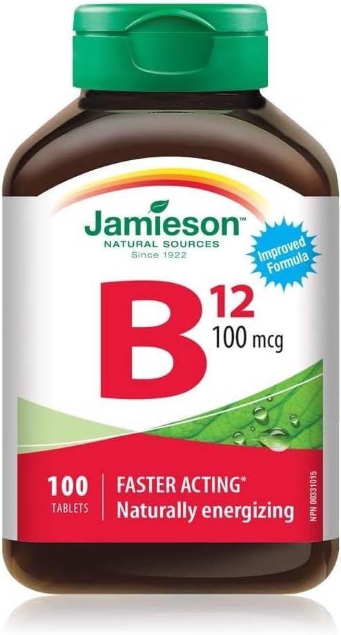 Jamieson 維生素 B12 100 微克,甲鈷胺,有助於預防維生素 B12 缺乏症,支持能量生成和代謝。素食,無麩質,100 片裝,加拿大製造