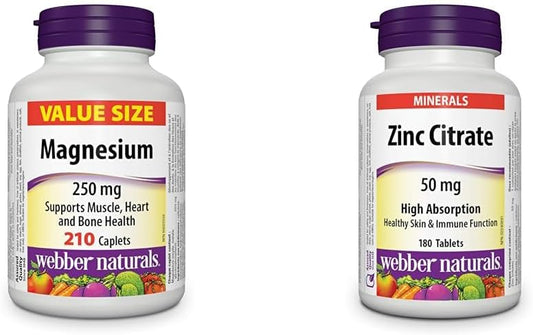 Webber Naturals 镁 250 毫克,210 粒胶囊,支持骨骼和肌肉功能,纯素 & 柠檬酸锌 50 毫克,180 片,用于健康皮肤和免疫支持,纯素