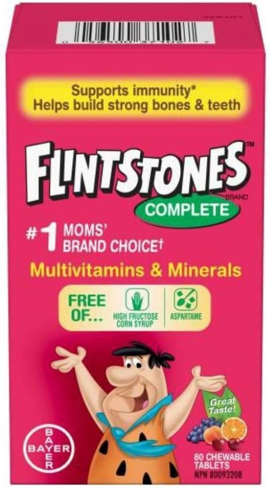 FLINTSTONES 兒童複合維生素咀嚼片,不含阿斯巴甜,含維生素 A、C6、B12、C、D、e 和鈣,80 粒