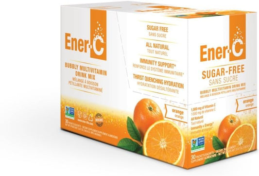 Ener-C Sugar Free Orange Multivitamin Drink Mix, 1000mg Vitamin C, Non-GMO, Vegan, Real Fruit Juice Powders, Natural Immunity Support, Electrolytes, Gluten Free, 1-Pack of 30