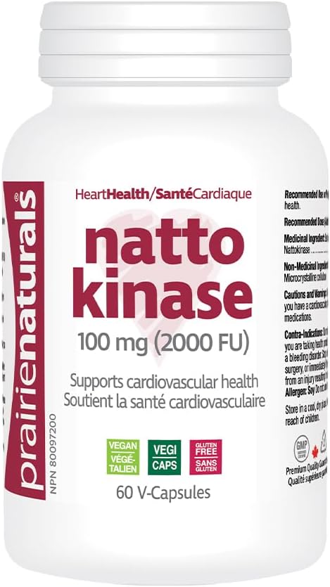 Prairie Naturals 納豆激酶 (2000 FU) 100 毫克,促進血液循環和心臟功能,有助於降低血栓風險,加拿大製造,純素,無麩質,60 粒 V 型膠囊