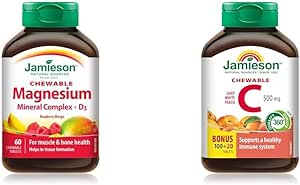 Jamieson 镁矿物质复合物 - 覆盆子芒果味咀嚼片,60 片(1 包)和咀嚼维生素 C 500 毫克 - 白桃味,120 片(1 包)