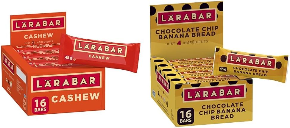 LÄRABAR 腰果、水果和坚果能量棒,16 条装,无麸质,纯素,家庭装和巧克力碎 香蕉面包、水果和坚果能量棒,16 条装,无麸质,纯素