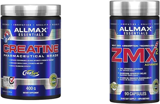 ALLMAX Nutrition - Creatine Monohydrate, Micronized Creatine Powder for Strength and Muscle Recovery, Gluten Free & Fast Absorbing 400g & ZMX2, 90 Count
