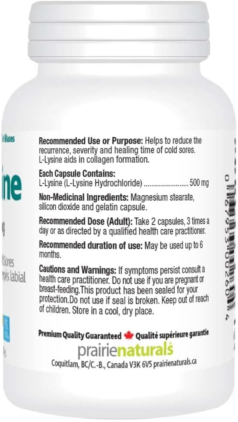 Prairie Naturals 赖氨酸 500 毫克 - 90 粒胶囊 - 有助于减少单纯疱疹病毒 (HSV) 感染(例如唇疱疹)的复发,是一种必需氨基酸。赖氨酸还有助于胶原蛋白的形成。非转基因,无麸质
