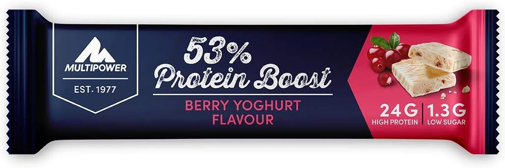 Multipower 53% Protein Boost Bar - Berry Yoghurt Flavor - High-Protein Low-Sugar Snack - 45g Bars (20 Pack)