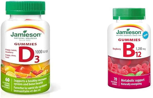 Jamieson 维生素 D3 1,000 IU 软糖(橙子、草莓、柠檬味)+ Jamieson B12 软糖(1,200 mcg 覆盆子味)