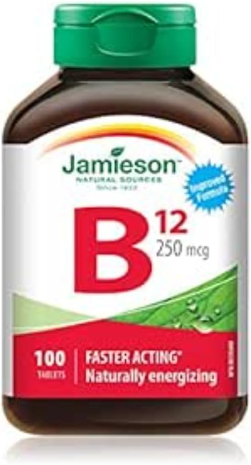 Jamieson 维生素 B12 250 微克,甲钴胺,促进红细胞生成,支持能量生成和代谢。素食,非转基因,无麸质,100 片装,加拿大制造