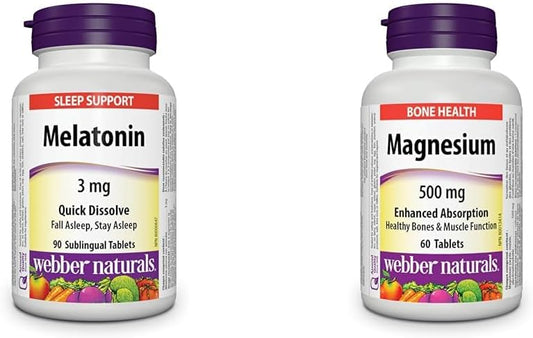 Webber Naturals 褪黑激素 3 毫克,90 片速溶片,用於睡眠支持,素食 & 鎂 500 毫克,60 片,增強吸收礦物質,支持骨骼和肌肉功能,純素