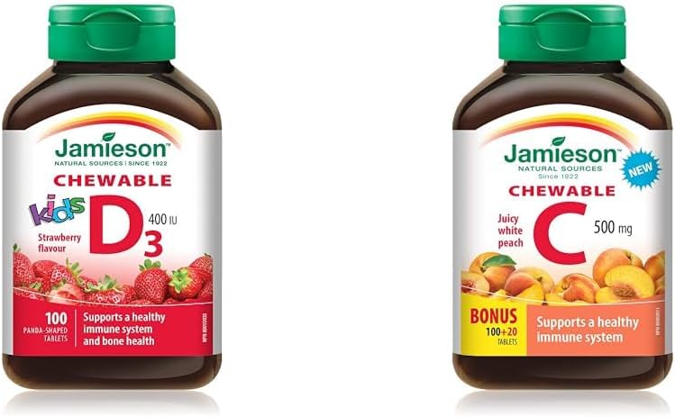 Jamieson 儿童维生素 D 400IU 咀嚼片 100 片和维生素 C 500mg 咀嚼片(白桃口味)120 片
