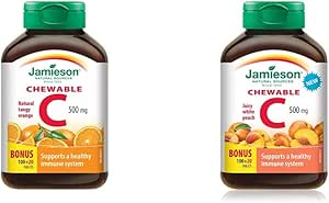 Jamieson Chewable Vitamin C 500 mg - Tangy Orange + White Juicy Peach Flavour, 240 Count (Pack of 2)