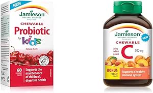 Jamieson 儿童咀嚼益生菌 50 亿活性细胞 - 天然樱桃味和咀嚼维生素 C 500 毫克 - 白桃味,120 粒(1 包)