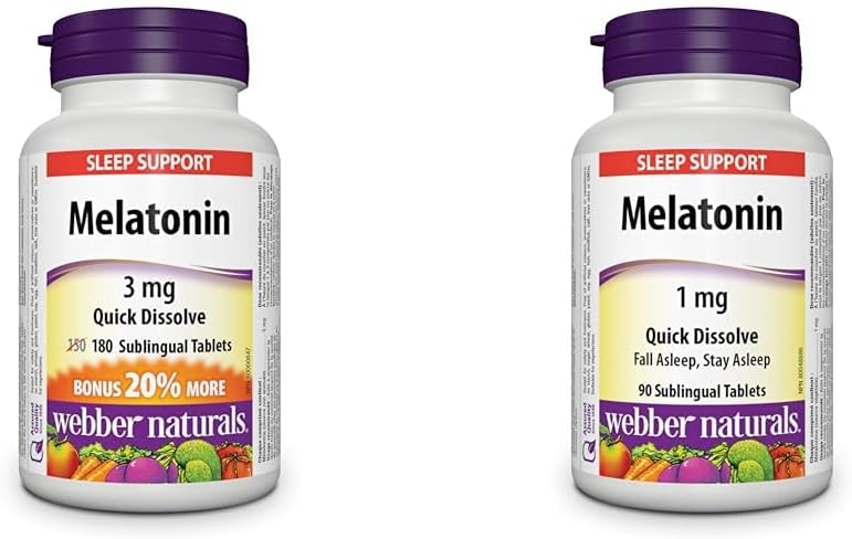 Webber Naturals Melatonin 3 mg, 180 Quick Dissolve Tablets, For Sleep Support, Vegetarian & Melatonin 1 mg, 90 Quick Dissolve Tablets, For Sleep Support, Vegetarian