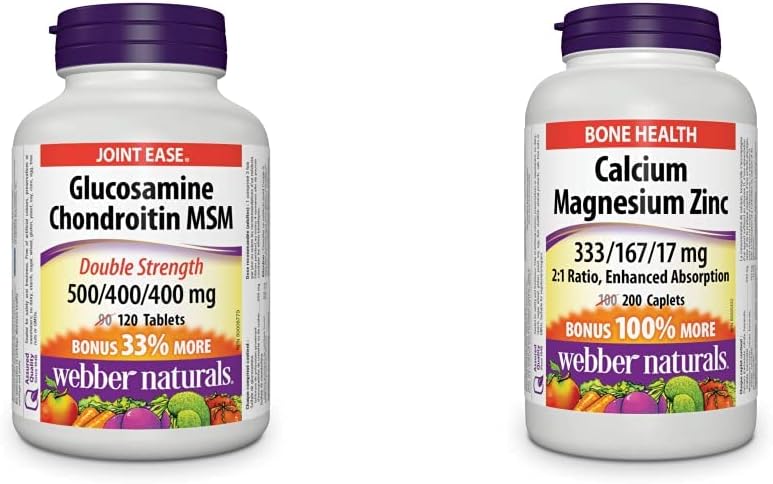 Webber Naturals 葡萄糖胺軟骨素 MSM 鈣鎂鋅膠囊,200 粒,增強吸收,有助於支持骨骼和牙齒,純素