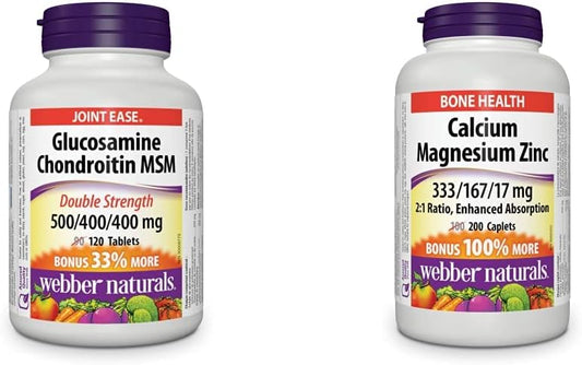 Webber Naturals Glucosamine Chondroitin MSM & Calcium with Magnesium and Zinc, 200 Caplets, Enhanced Absorption, Helps Support Bones and Teeth, Vegan