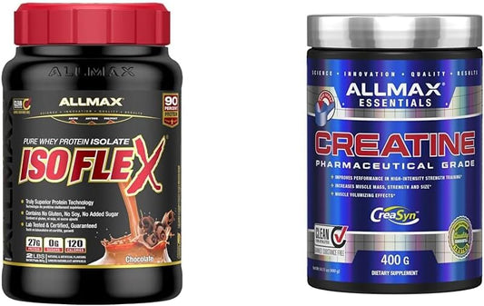ALLMAX Isoflex 巧克力味,2 磅 & 肌酸一水合物,微粉化肌酸粉,用于增强力量和肌肉恢复,无麸质,快速吸收 400 克