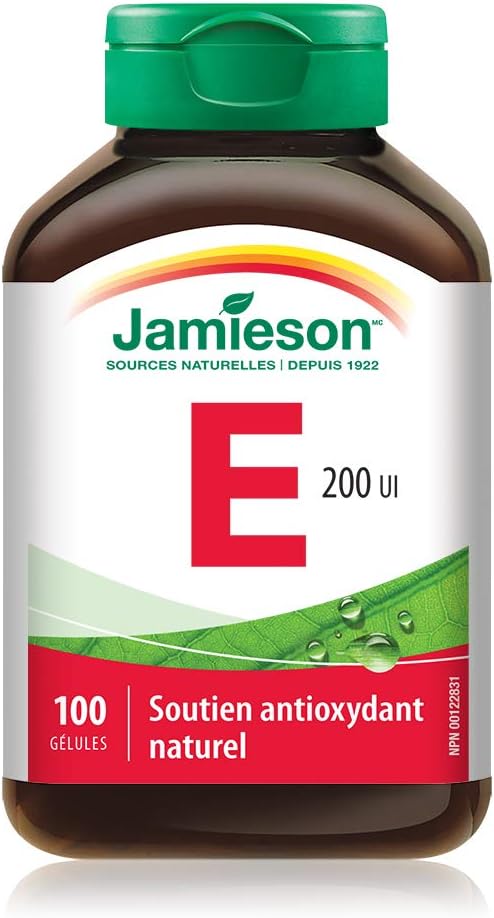 Jamieson 維生素 E 200 國際單位軟膠囊,天然抗氧化劑,有助於預防組織損傷和維生素 E 缺乏症。不含麩質,不含人工香料、色素或防腐劑,100 粒裝,加拿大製造