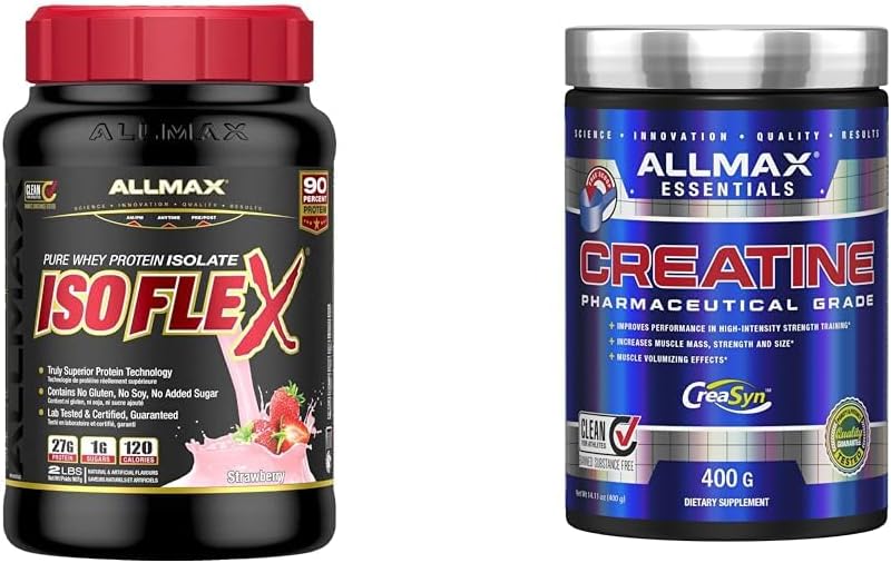 ALLMAX Isoflex 草莓味,2 磅 & 肌酸一水合物,微粉化肌酸粉,用于增强力量和肌肉恢复,无麸质,快速吸收 400 克