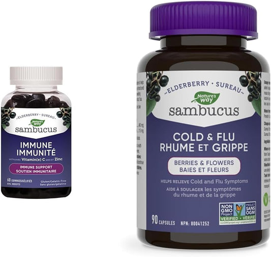 Nature's Way Sambucus Immune Original Cold and Flu Care Elderberry Gummies & Sambucus Elderberry Cold and Flu Care Capsules, 90 Vegetarian Capsules, Non-GMO Project Verified