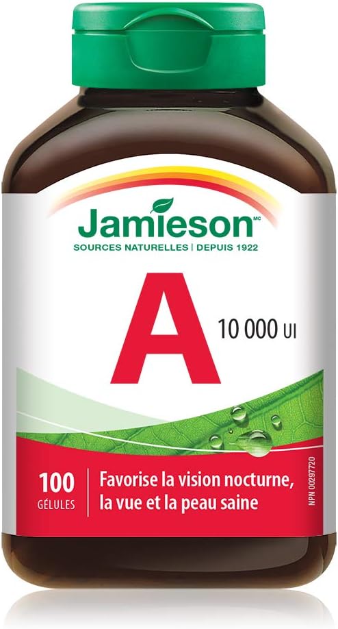 Jamieson 维生素 A 10,000 IU 软胶囊,有助于视力和皮肤健康。不含麸质、乳糖、人工色素和香精,100 粒装,加拿大制造