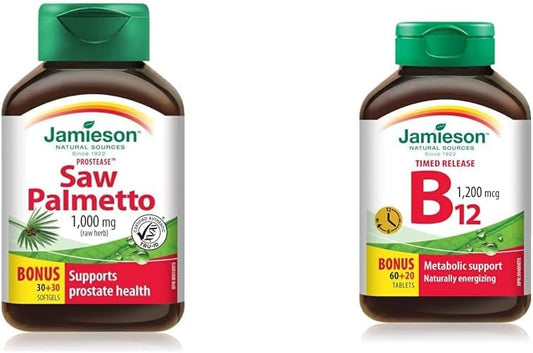 Jamieson Prostease 锯棕榈 1,000 毫克干草药 + 维生素 B12(钴胺素)1200 微克,定时释放