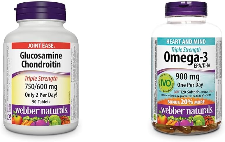 Webber Naturals 葡萄糖胺軟骨素,三重強度,90 片 & Omega-3 900 毫克三重強度,120 粒透明腸溶無魚腥味軟膠囊,支持心血管健康和腦功能