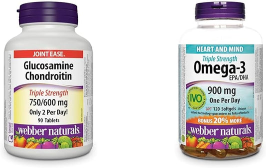 Webber Naturals Glucosamine Chondroitin, Triple Strength, 90 Tablets & Omega-3 900 mg Triple Strength, 120 Clear Enteric No Fishy Aftertaste Softgels, Supports Cardiovascular Health and Brain Function