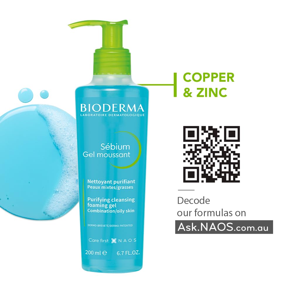 Bioderma Sébium Foaming Gel Gentle Face Cleanser Pump, Makeup Removing Cleanser, Skin Purifying Face Wash for Combination to Oily Skin, 6.7 Fl Oz