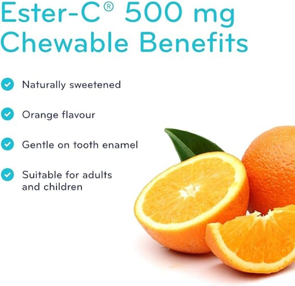 Sisu Ester-C 500毫克咀嚼片,橙味,天然甜味維生素C,24小時免疫支持,酸性較低,比其他形式的維生素C更易吸收和保留,無麩質,純素