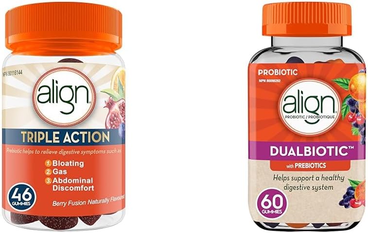 Align 三重功效软糖,男女适用益生元补充剂,有助于缓解胀气、腹胀;DUALBIOTIC 益生元 + 益生菌软糖,有助于支持健康的消化系统