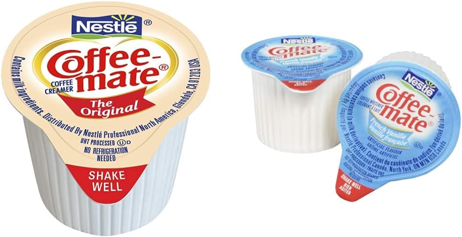 Coffee Mate 咖啡增白剂,原味液体单支装,11 毫升(180 支装)和液体咖啡奶精,不含乳糖,法国香草味,单份装,无需冷藏,180 支装 x 11 毫升