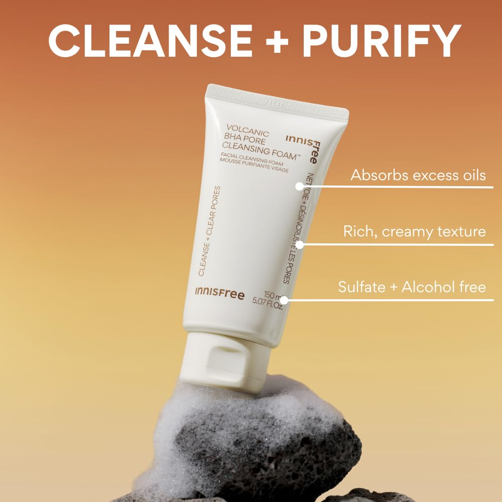 innisfree Volcanic BHA Pore Cleansing Foam, Korean Face Wash with Salicylic Acid, Oil Control, Deep Clean, Pore Care, Sulfate-Free Formula