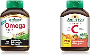 Jamieson NFA Omega 3-6-9 180 粒软胶囊和咀嚼维生素 C 500 毫克 - 白桃口味,120 粒(1 包)