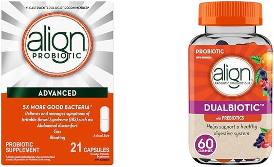 Align 高级益生菌消化支持,缓解肠易激综合征 (IBS) 症状:胀气、腹部不适和双重益生元+益生菌软糖,有助于支持健康的消化系统