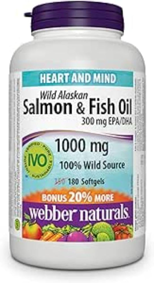 Webber Naturals 野生阿拉斯加鲑鱼和鱼油 1,000 毫克,180 粒软胶囊,支持心脏、大脑和关节健康