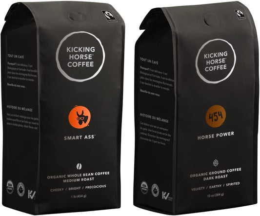 Kicking Horse Coffee,Smart Ass,中度烘焙,全豆,1 磅 - 有机认证、公平贸易、犹太洁食咖啡 & 454 马力,深度烘焙,研磨,284 克 - 有机认证、公平贸易、犹太洁食咖啡