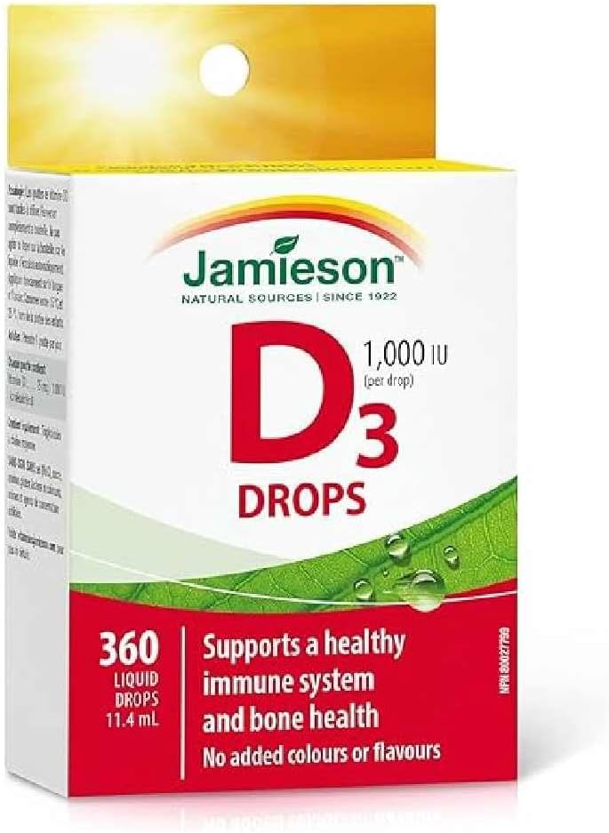 Jamieson 維生素 D3 1,000 IU 滴劑,支持免疫健康,強健骨骼和牙齒,增強鈣和磷的吸收。非基因改造,無麩質,不含人工香料、色素或防腐劑,360 滴液體滴劑,配方…
