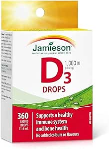 Jamieson 維生素 D3 1,000 IU 滴劑,支持免疫健康,強健骨骼和牙齒,增強鈣和磷的吸收。非基因改造,無麩質,不含人工香料、色素或防腐劑,360 滴液體滴劑,配方…