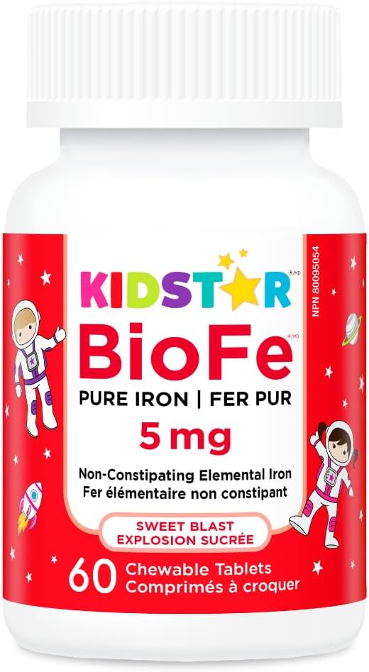 Kidstar Nutrients - BioFe 純鐵 5 毫克,60 片咀嚼片,30 天用量 - 有助於預防缺鐵性貧血 - 不會引起胃部不適和便秘 - 純素、非基因改造、無麩質和無糖