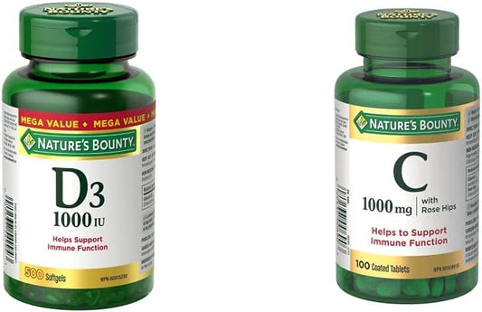 Nature's Bounty 维生素 D3 丸剂和补充剂,有助于支持免疫功能,1000 国际单位,500 粒软胶囊和含玫瑰果的维生素 C 补充剂,有助于维持身体健康,1000 毫克,100 片