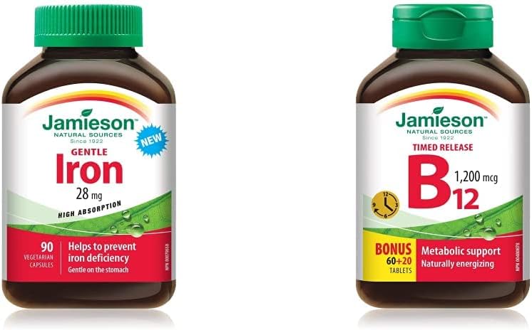 Jamieson 溫和鐵劑 28 毫克 甘氨酸亞鐵和維生素 B12(鈷胺素)1200 微克 定時釋放 | 90 粒 + 80 片