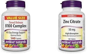 Webber Naturals Vitamin B100 Complex, Timed Release, 140 Tablets, Supports Energy Production and Metabolism, Gluten Free, Non-GMO, Vegan & Zinc Citrate 50 mg, 180 Tablets