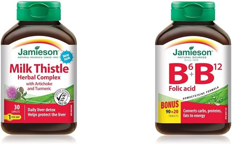 Jamieson 草本复合奶蓟草(每日肝脏排毒),30 粒(1 包)和维生素 B6、维生素 B12 和叶酸,110 粒(1 包)